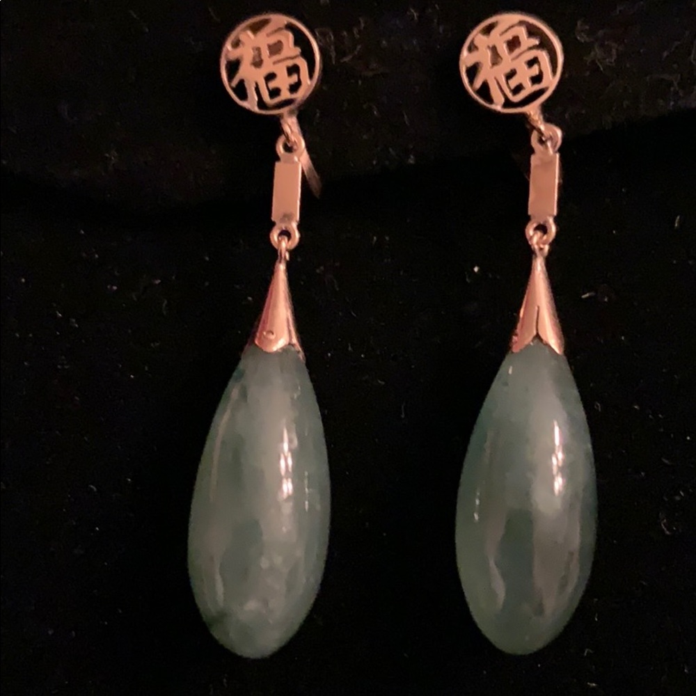 Antique Hong Kong 14k jade jadeite drop earrings